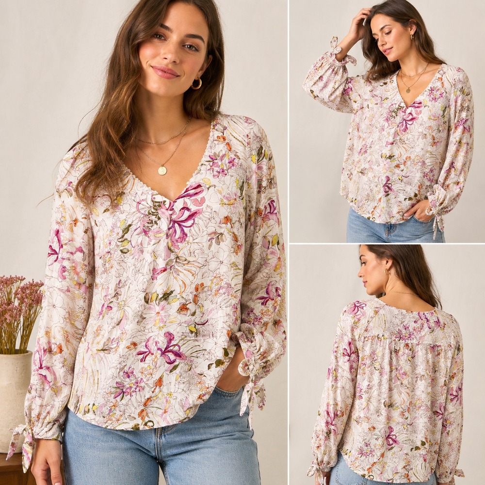 Anthropologie Maeve Pernille Blouse Small Floral Tie Sleeve Rayon Cottagecore Bo